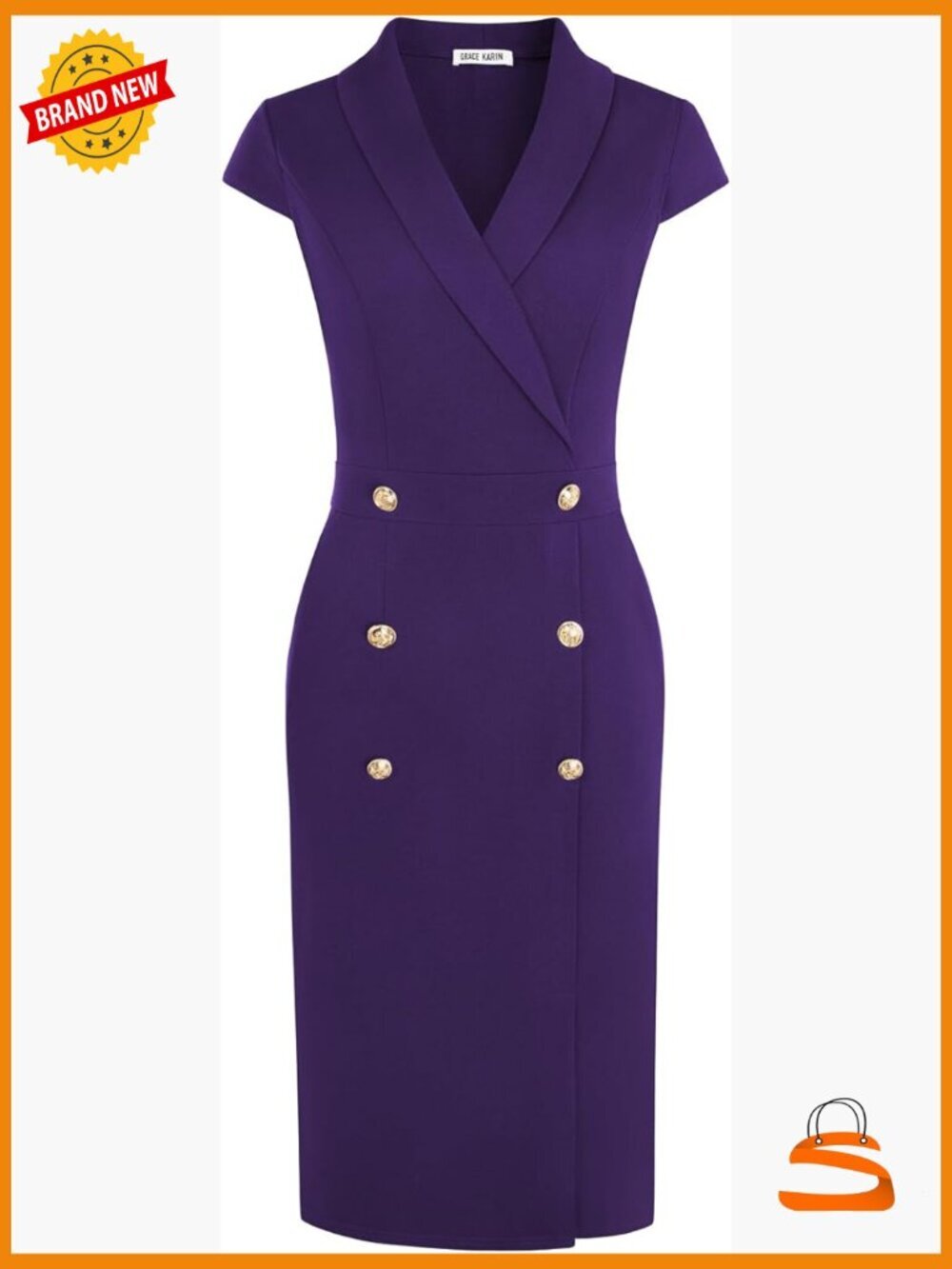 Business Bodycon Midi Dress with Pockets Cap Sleeve Button Pencil